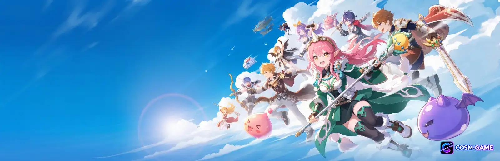 Ragnarok: The New World adventurers and creatures charge forward through white clouds beneath a bright blue sky.