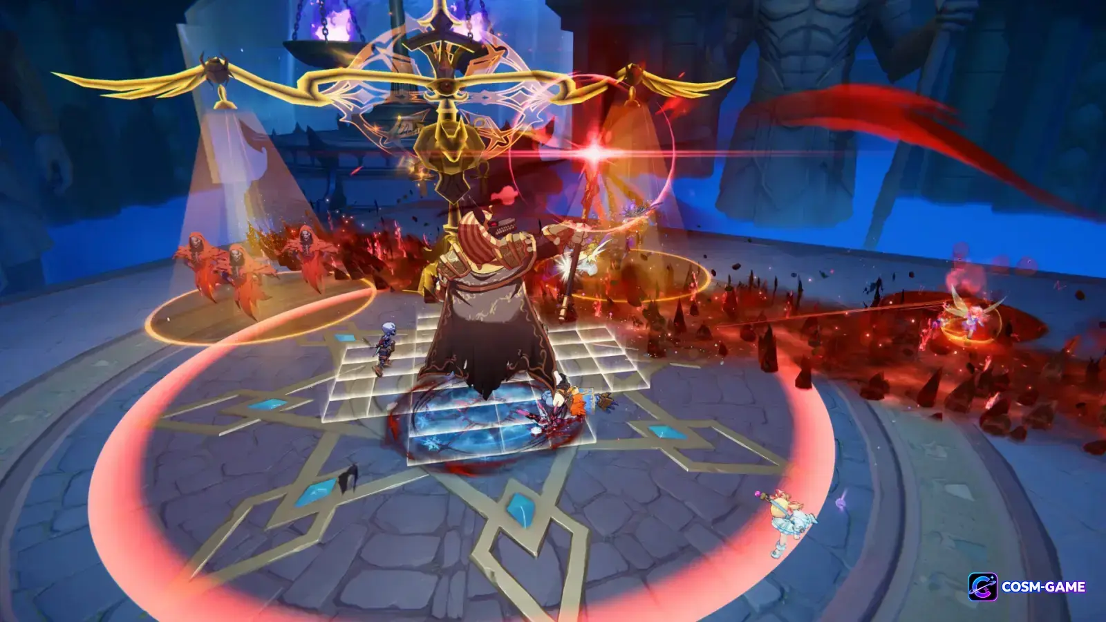 Players battle a towering enemy in a stone arena while red ground effects and golden magical symbols fill the battlefield.