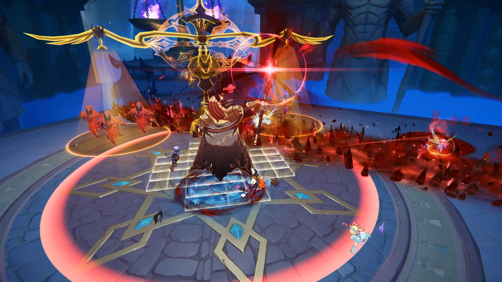 Adventurers fight a towering boss surrounded by red attack zones and dark magical effects in a circular arena.