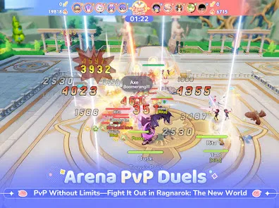 Several characters exchange attacks and abilities during an arena PvP battle.