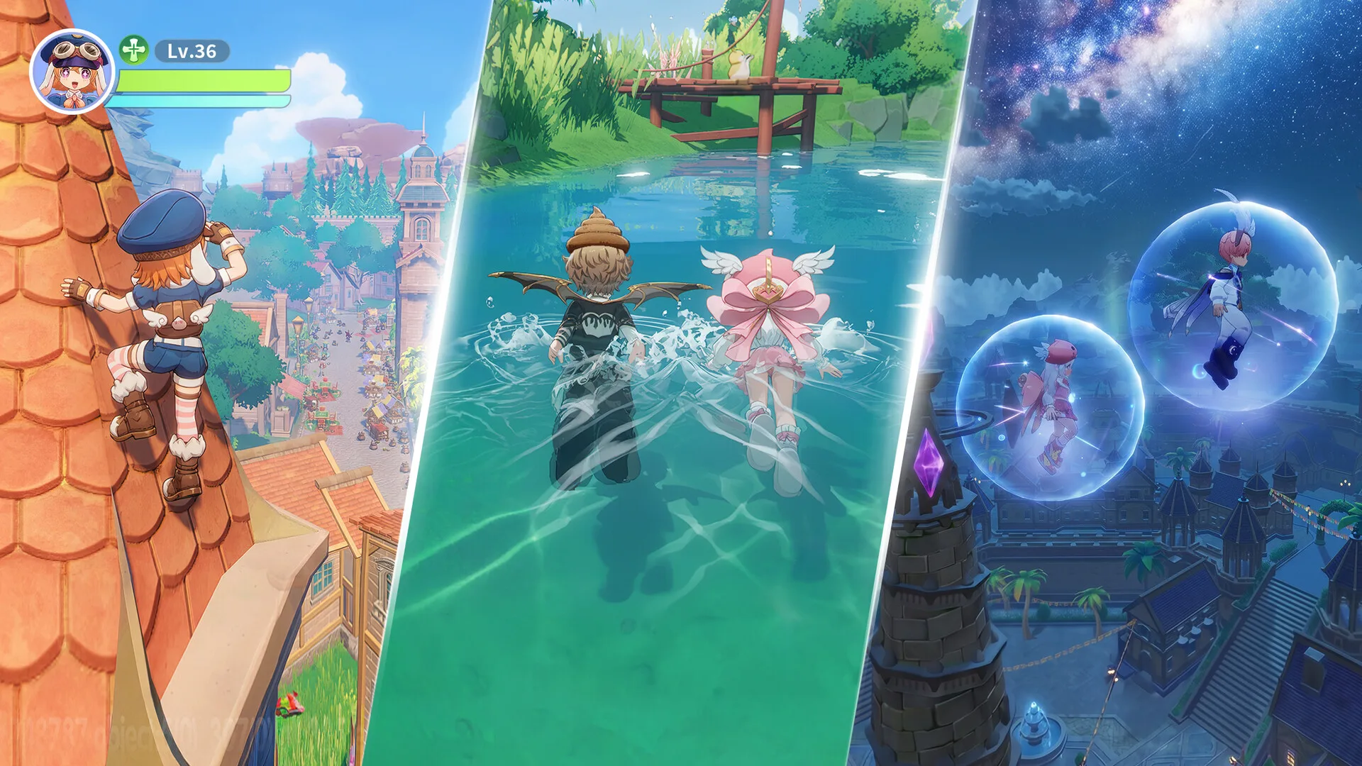 Adventurers travel through water and across a nighttime environment using different open-world traversal methods.