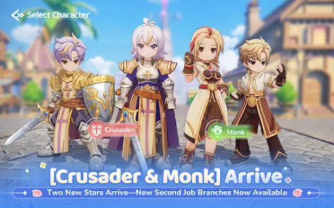 Four character models stand on the class selection screen with Crusader and Monk labels highlighted.