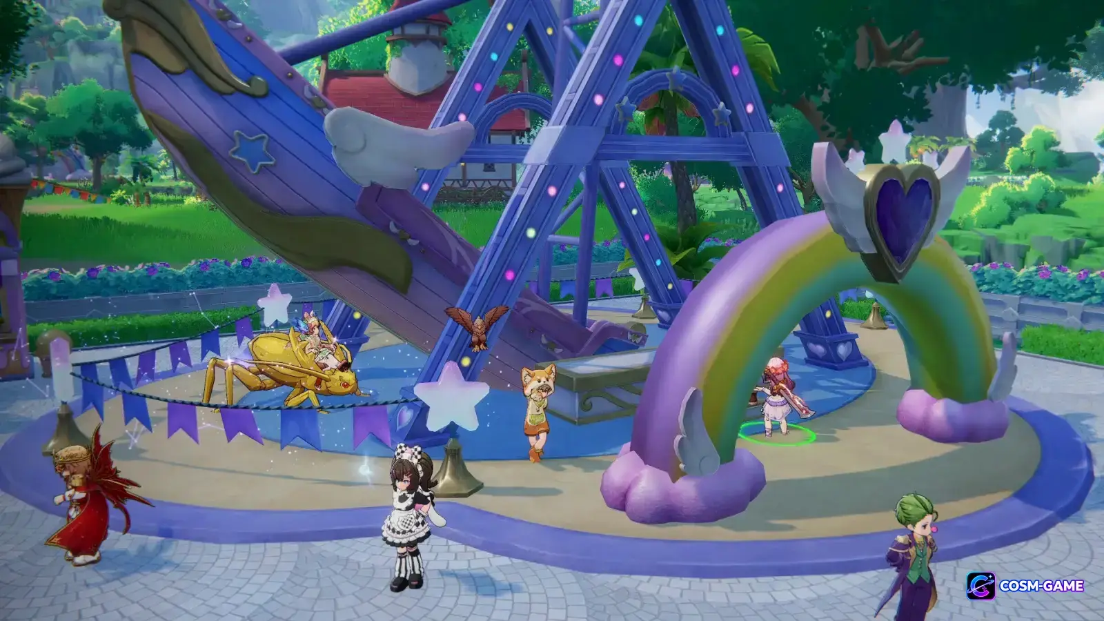 Players and mounts gather around a colorful fantasy amusement ride decorated with stars and rainbow scenery.