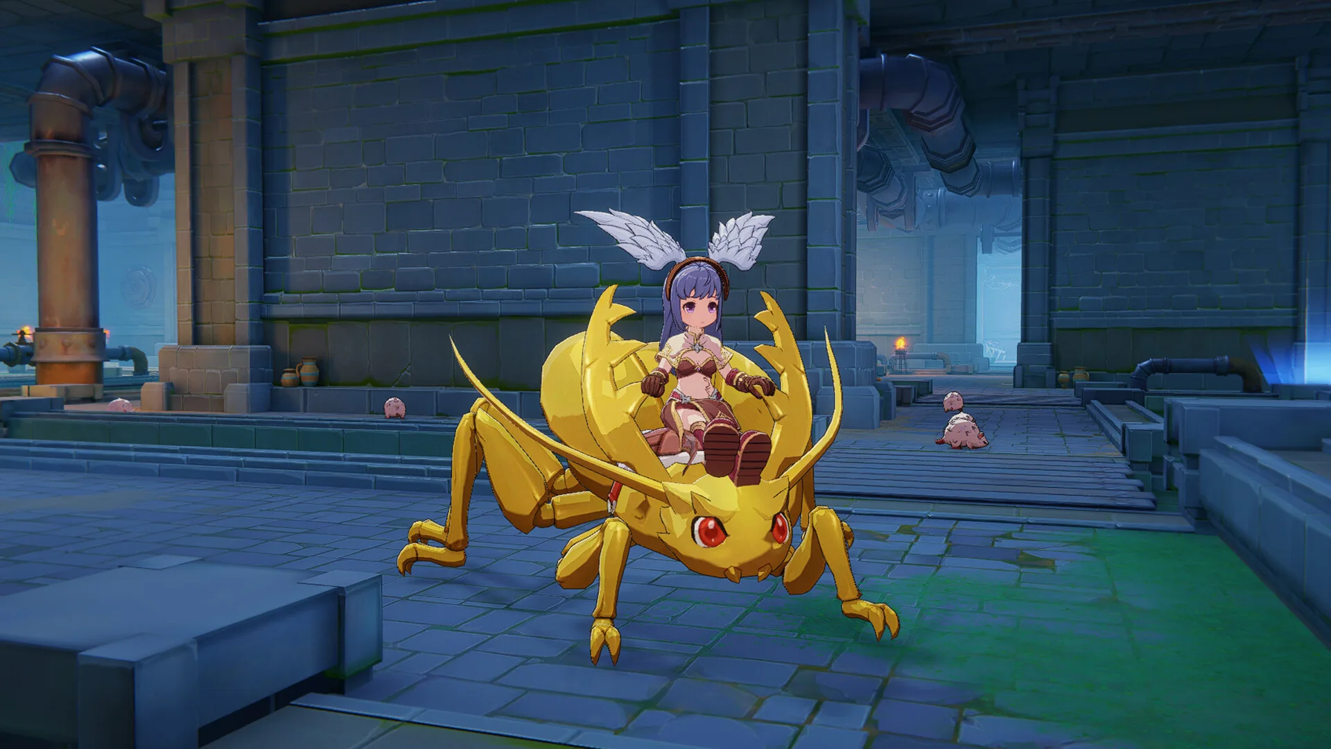 A purple-haired adventurer rides a golden beetle mount through a stone dungeon with Porings nearby.