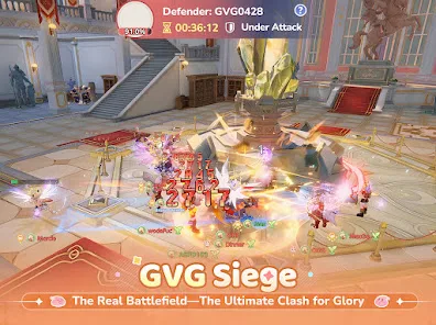 Multiple players fight around a large crystal during a guild-versus-guild siege battle.