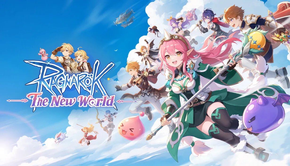 Ragnarok: The New World key art showing the game logo, adventurers, Porings, and other creatures against a bright blue sky.