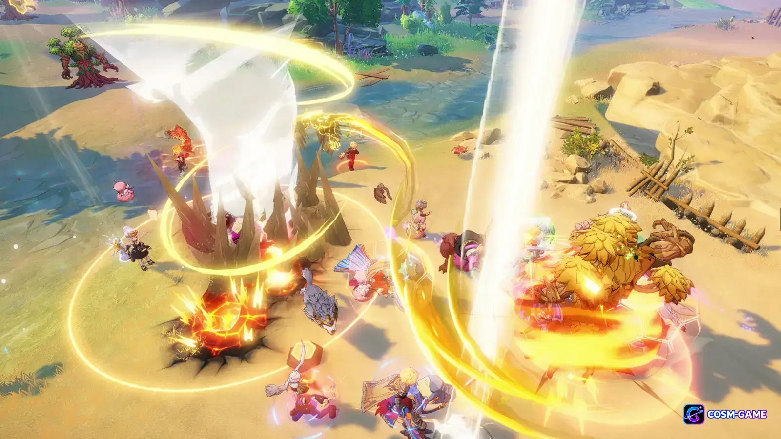 Adventurers fight together in an open field while a large golden area attack erupts around a rocky formation.