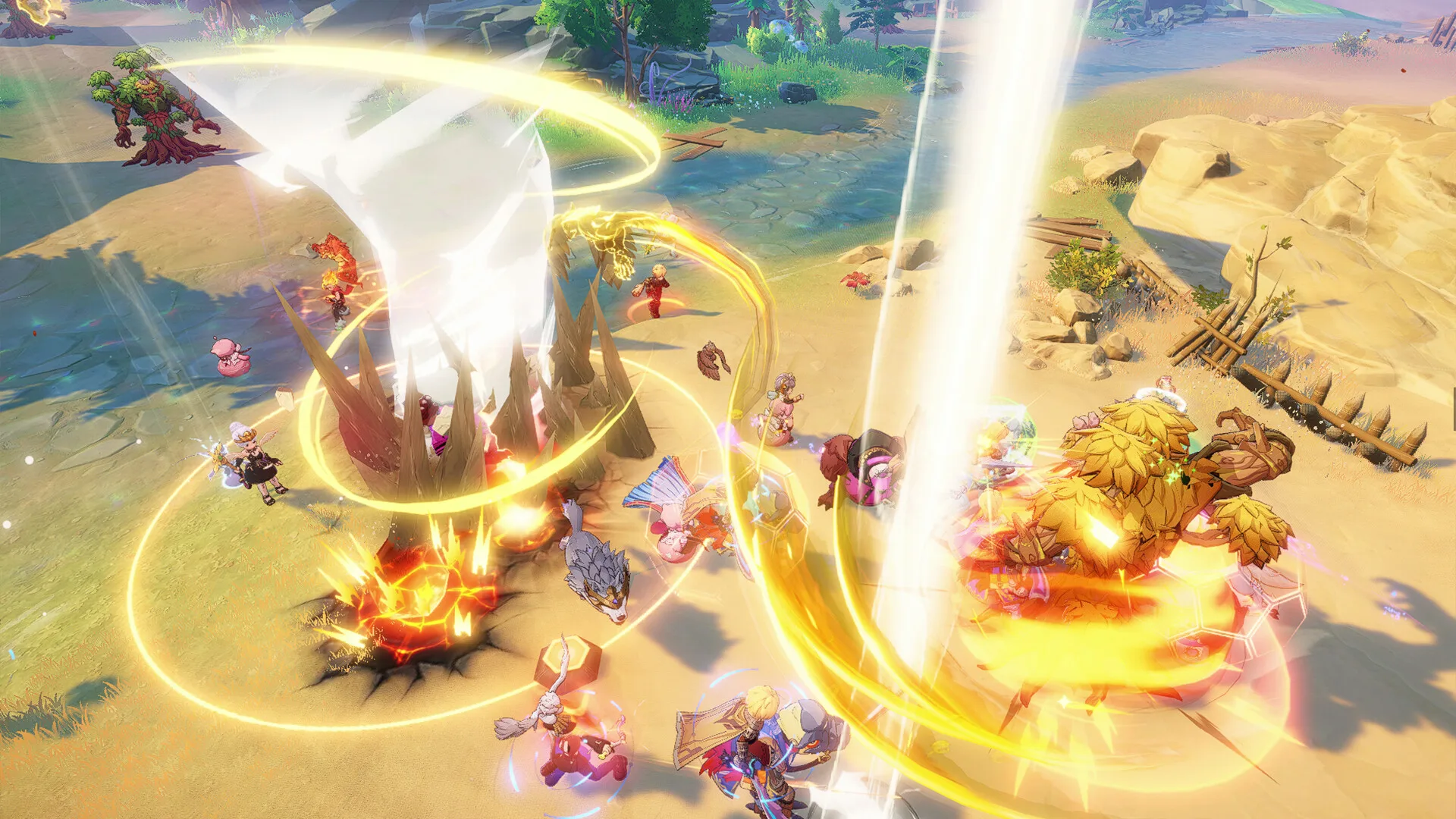 A party battles enemies as golden rings, erupting spikes, and a bright whirlwind cover the open-world battlefield.