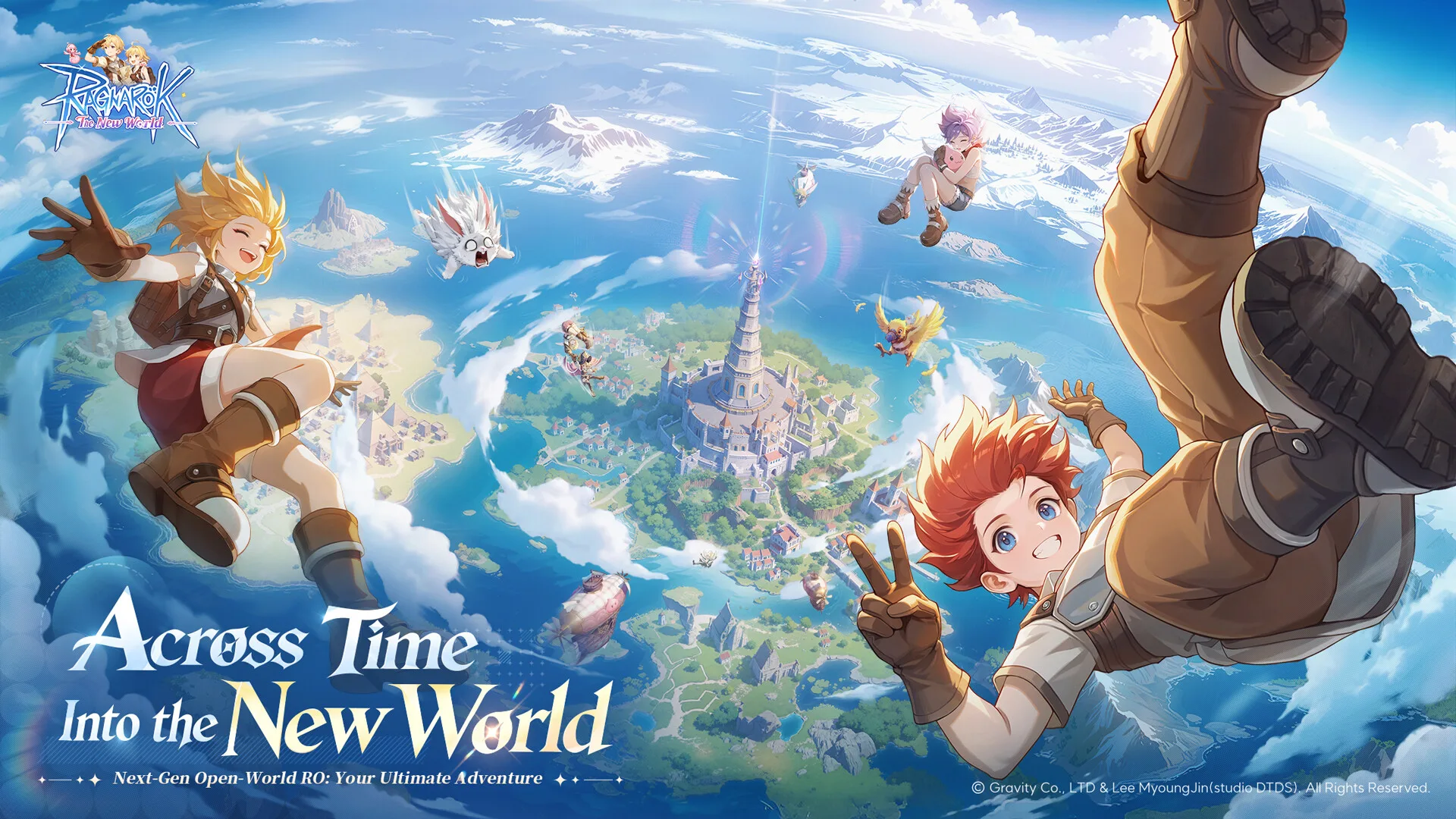 Adventurers dive through the sky above islands, airships, mountains, and a towering city in Ragnarok: The New World.