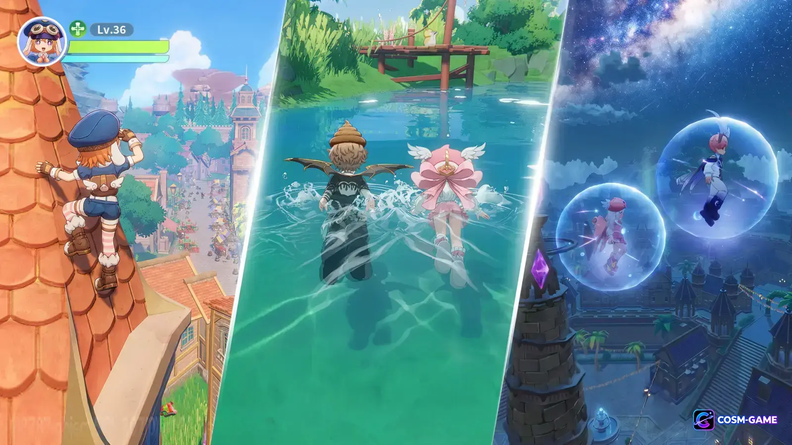 Adventurers swim through clear water and float above a nighttime town inside glowing bubbles.