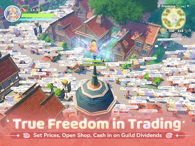 Prontera is filled with player shop messages around a central plaza and fountain.