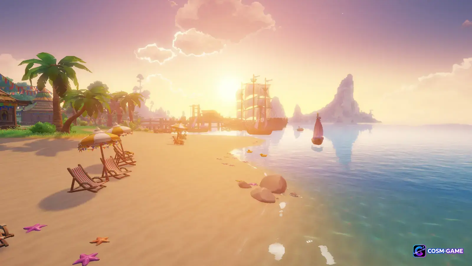 A sunset beach in Ragnarok: The New World shows palm trees, calm water, lounge areas, and sailing ships near the shore.