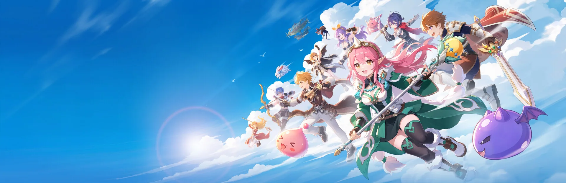 The Druid and other adventurers charge through a blue sky with Porings in official Ragnarok: The New World key art.