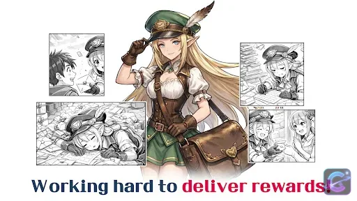 RELLION: NPC Survival character artwork showing a blonde courier surrounded by manga-style scenes about delivering rewards.