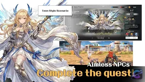 RELLION: NPC Survival promotional artwork featuring a blonde armored heroine alongside story and battle scenes from the game.