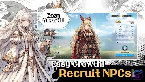 RELLION: NPC Survival promotional image showing an SSR hero and the game's character recruitment and growth systems.