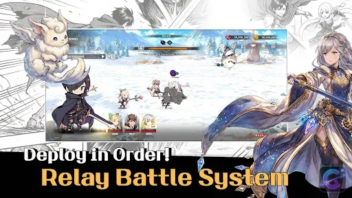 RELLION: NPC Survival heroes fight enemies across a snowy battlefield while demonstrating the formation-based relay battle system.