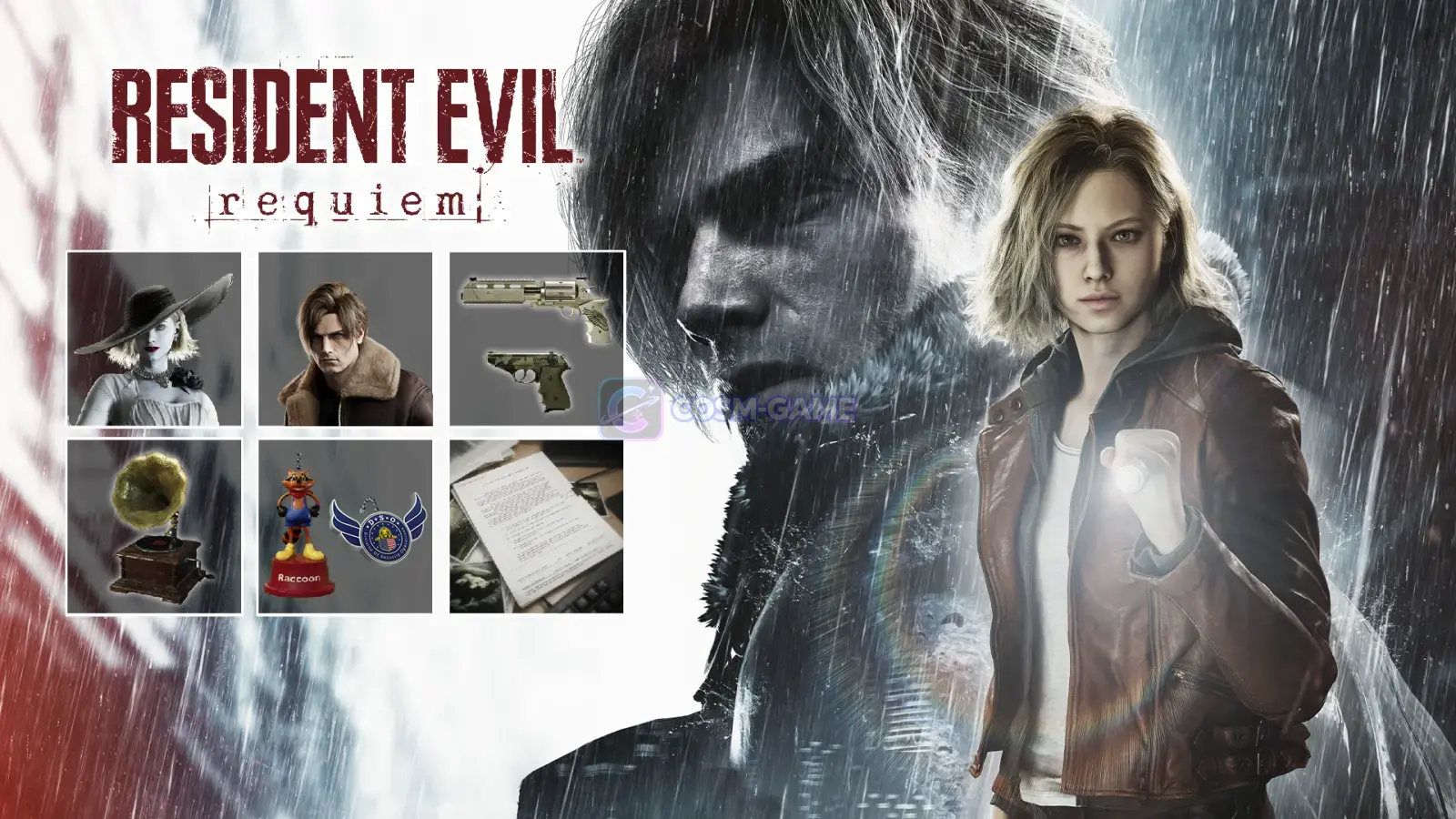 Resident Evil Requiem Deluxe Kit artwork showing Grace Ashcroft, Leon S. Kennedy, bonus costumes, weapon skins, charms, audio content, and files.