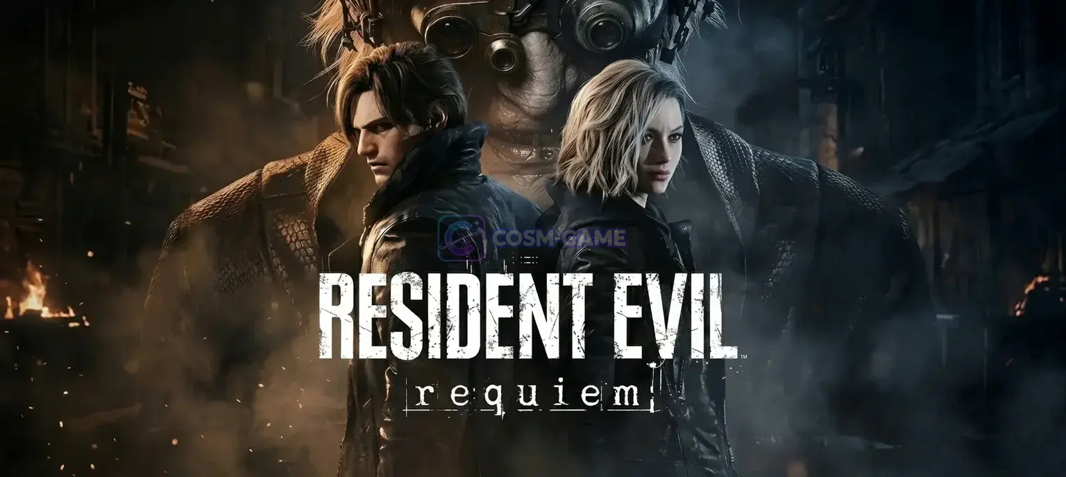 Grace Ashcroft holds a flashlight in the foreground while Leon S. Kennedy appears behind her in rain-soaked Resident Evil Requiem key art.