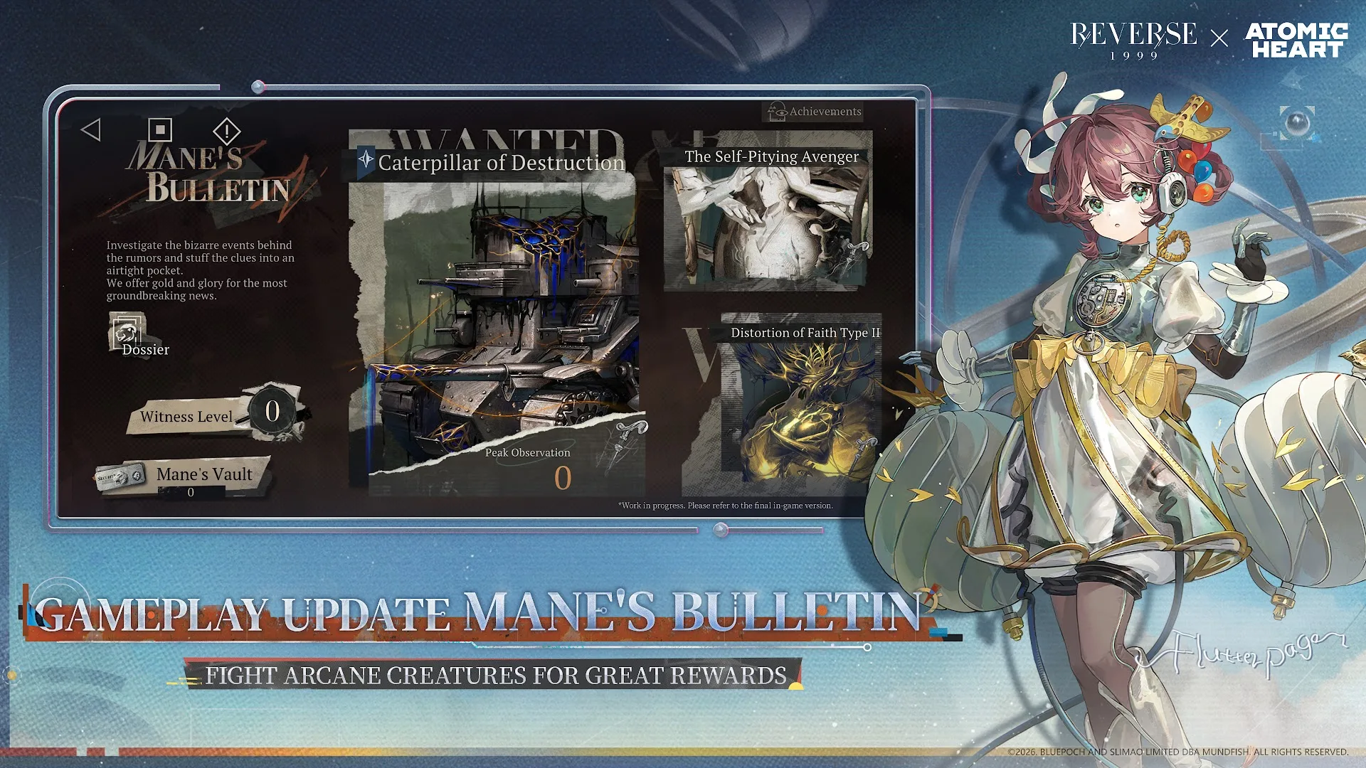 Mane’s Bulletin activity board with investigation targets and a Reverse: 1999 character.