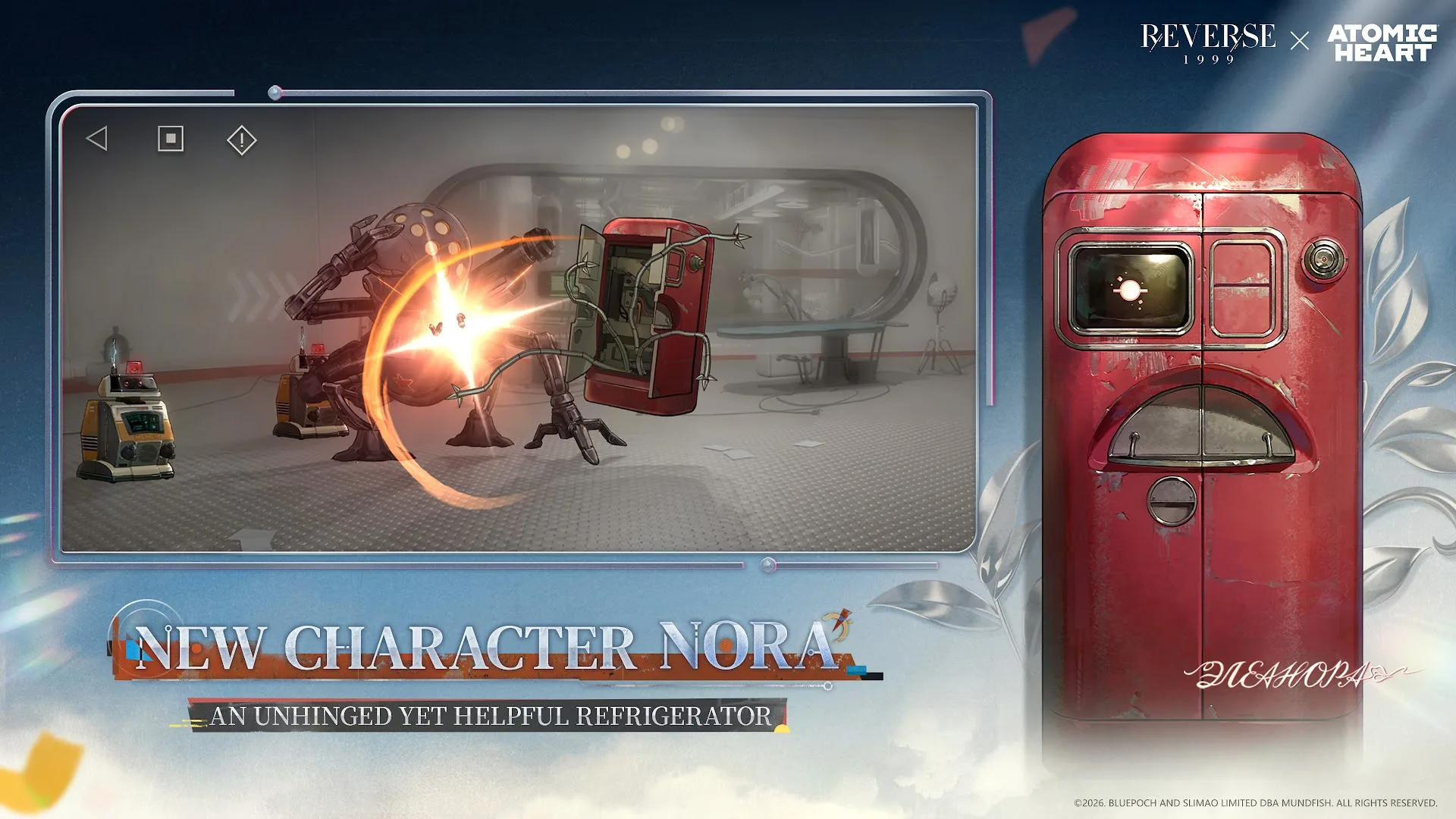NORA’s red refrigerator form beside a Reverse: 1999 battle scene.
