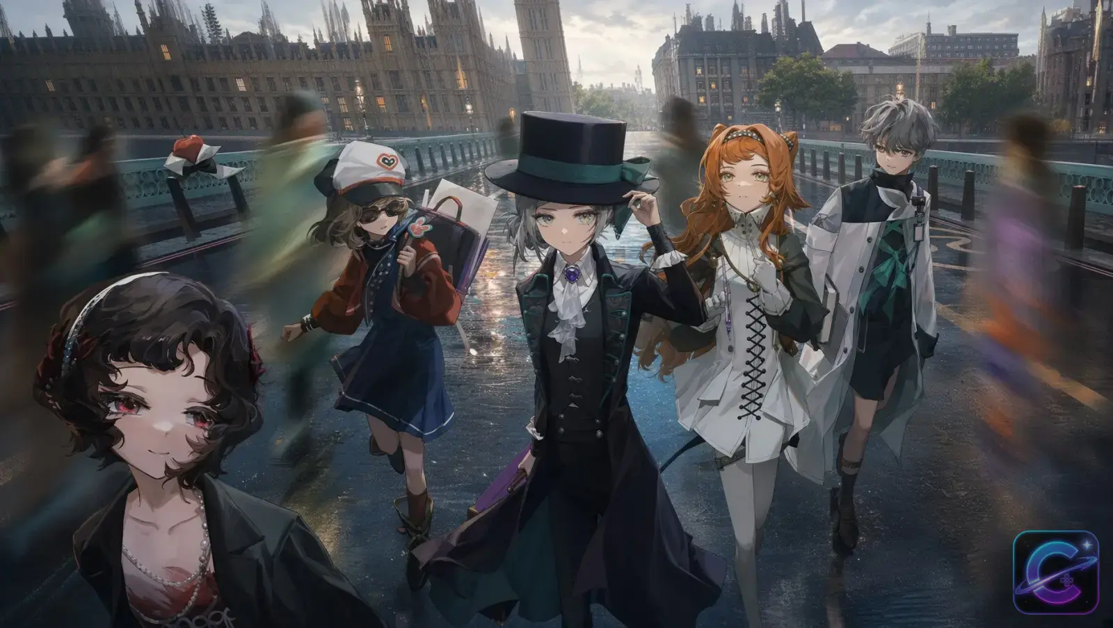 Five Reverse: 1999 characters walk across a rain-slick London bridge with the Houses of Parliament behind them.