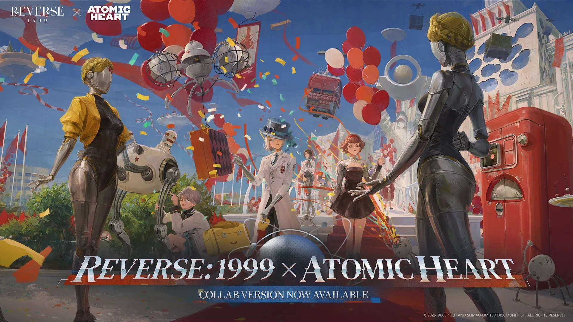 Vertin, The Twins, NORA and other characters celebrating in the Reverse: 1999 x Atomic Heart key art.