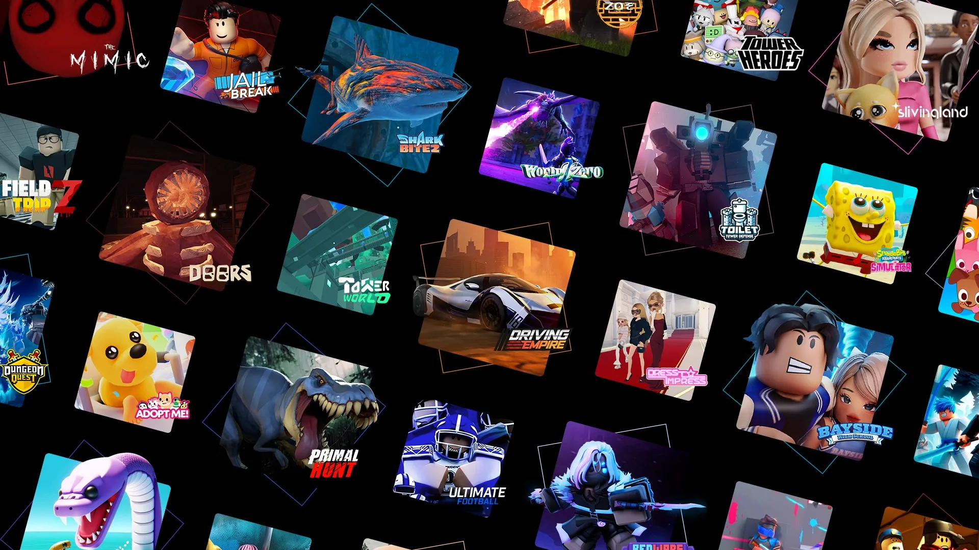 A collage of Roblox game worlds and avatars arranged across a dark background