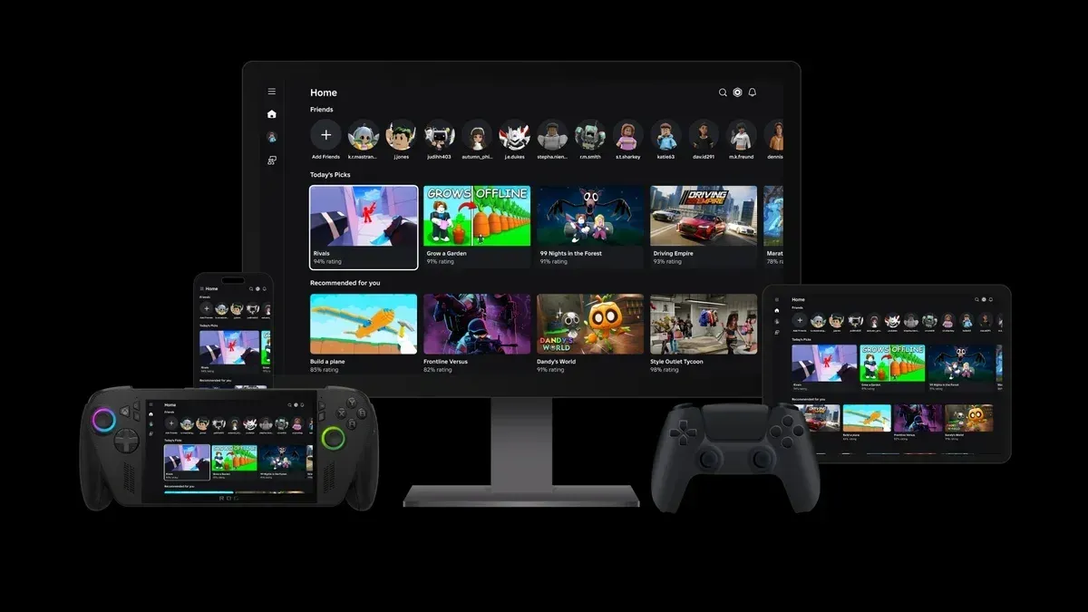Roblox characters and experiences appear across devices to show play continuing between different platforms.