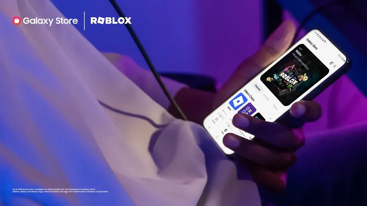 A Samsung Galaxy device displays Roblox with access to its library of experiences.