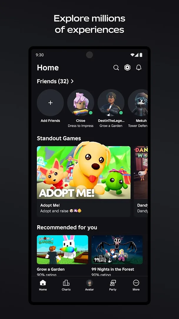 Millions of experiences across every genre — official Roblox screenshot (Roblox Corporation)