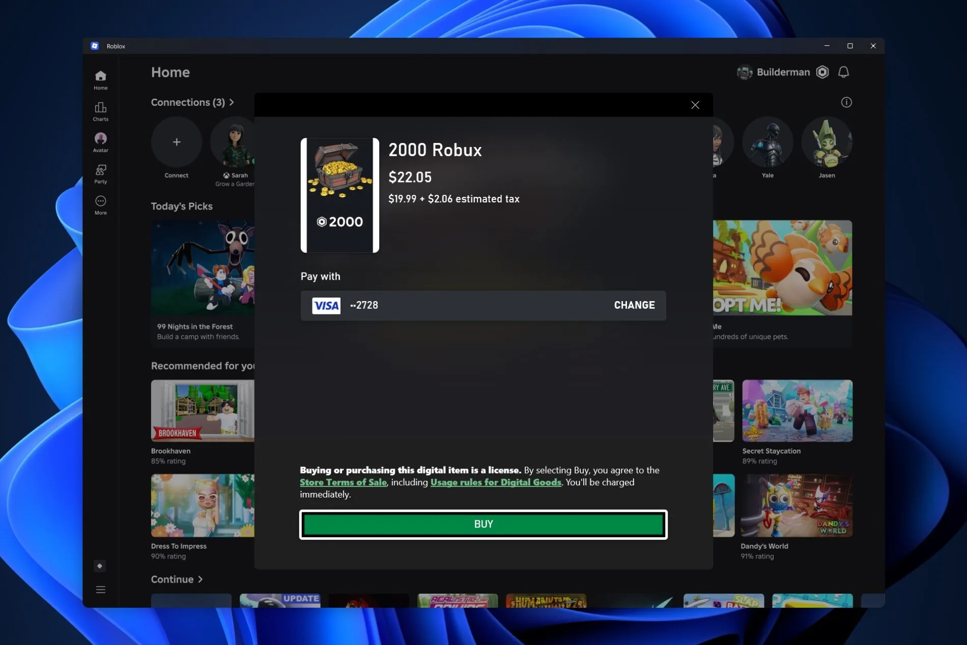 A 2,000 Robux purchase window appears over the home screen with a Buy button.
