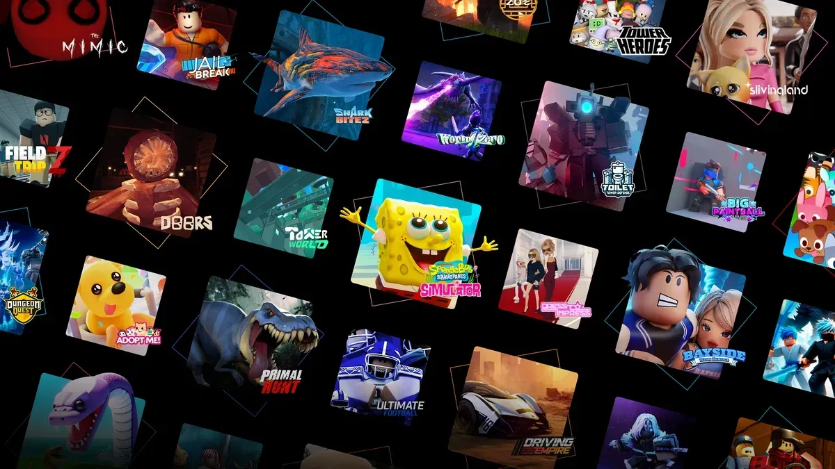 Tiles for SpongeBob Simulator, Adopt Me, Primal Hunt, Driving Empire, and other experiences float across a dark background.
