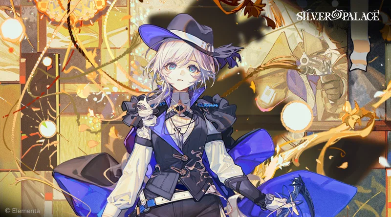 A silver and lilac-haired woman wearing a dark hat appears in detailed Silver Palace character artwork.