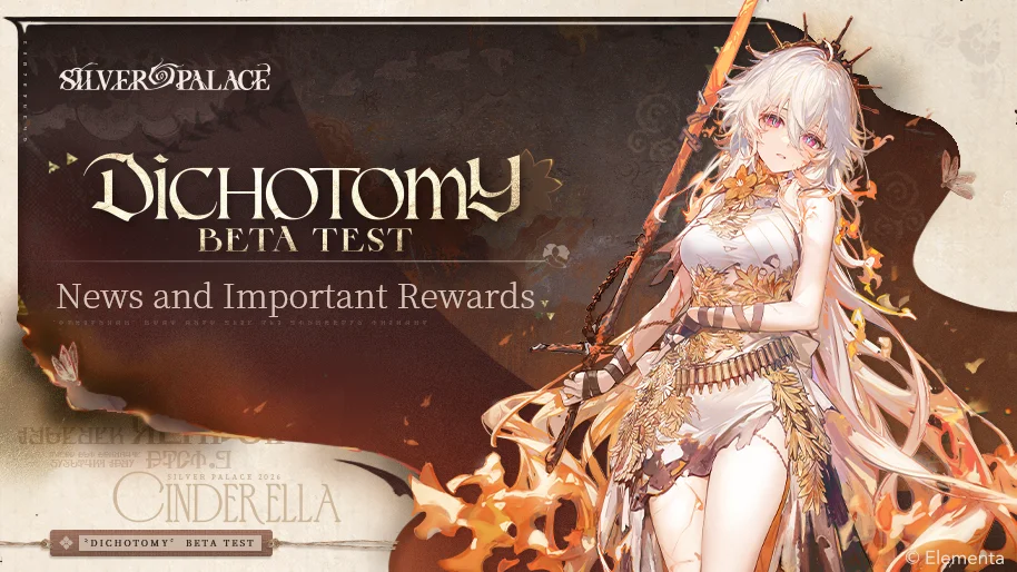Cinderella and other Silver Palace characters appear beside promotional text for the Dichotomy Beta Test and its rewards.