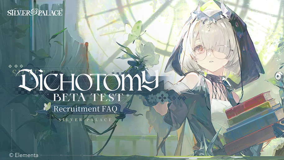 A white-haired Silver Palace character appears beside the Dichotomy Beta Test recruitment information.