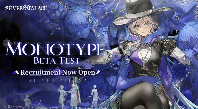 A silver-haired woman wearing a top hat appears in promotional artwork for the Monotype Beta Test.