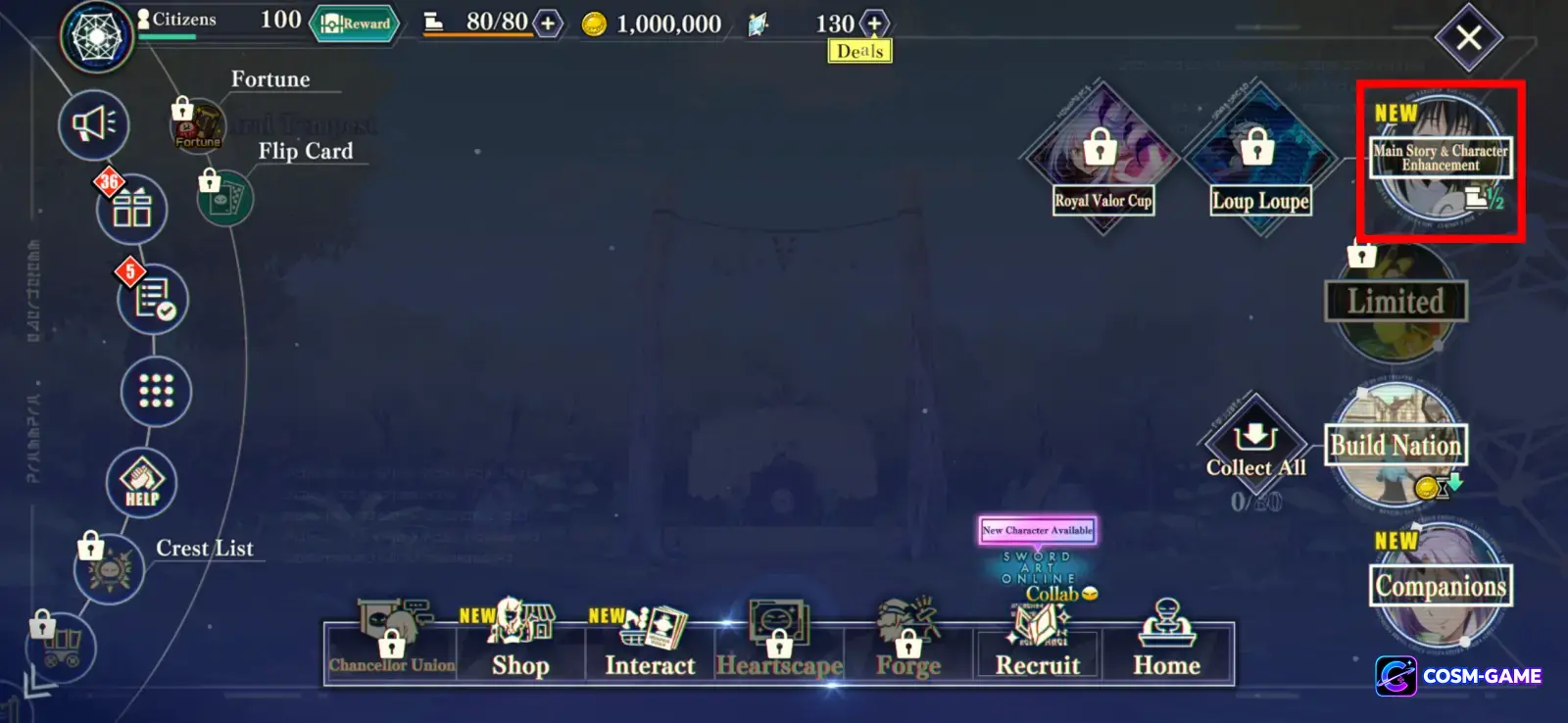 The menu highlights the route used to enter story quests and character enhancement.