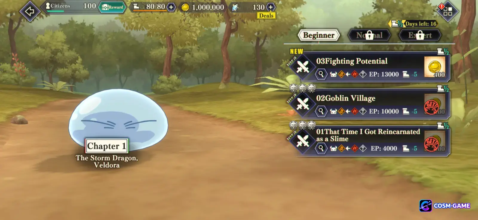 The Main Story interface presents chapters from Rimuru's adventure.