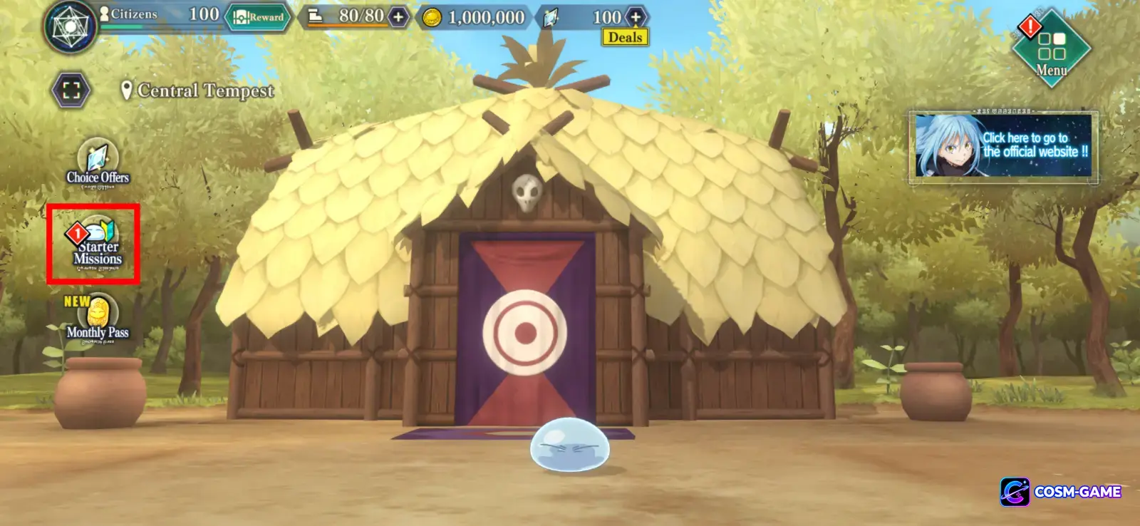 The game menu highlights the location of the Starter Missions for a new account.