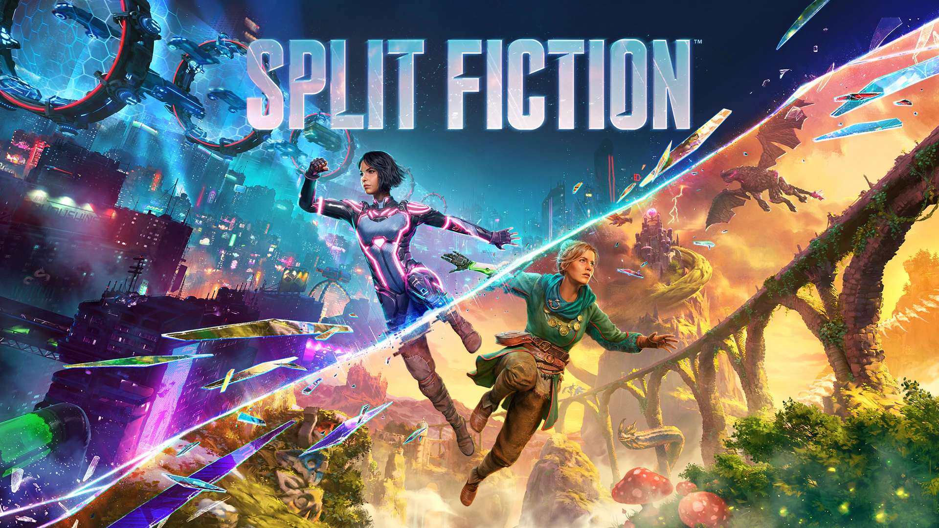 Mio and Zoe crossing between science-fiction and fantasy worlds in official Split Fiction key art.