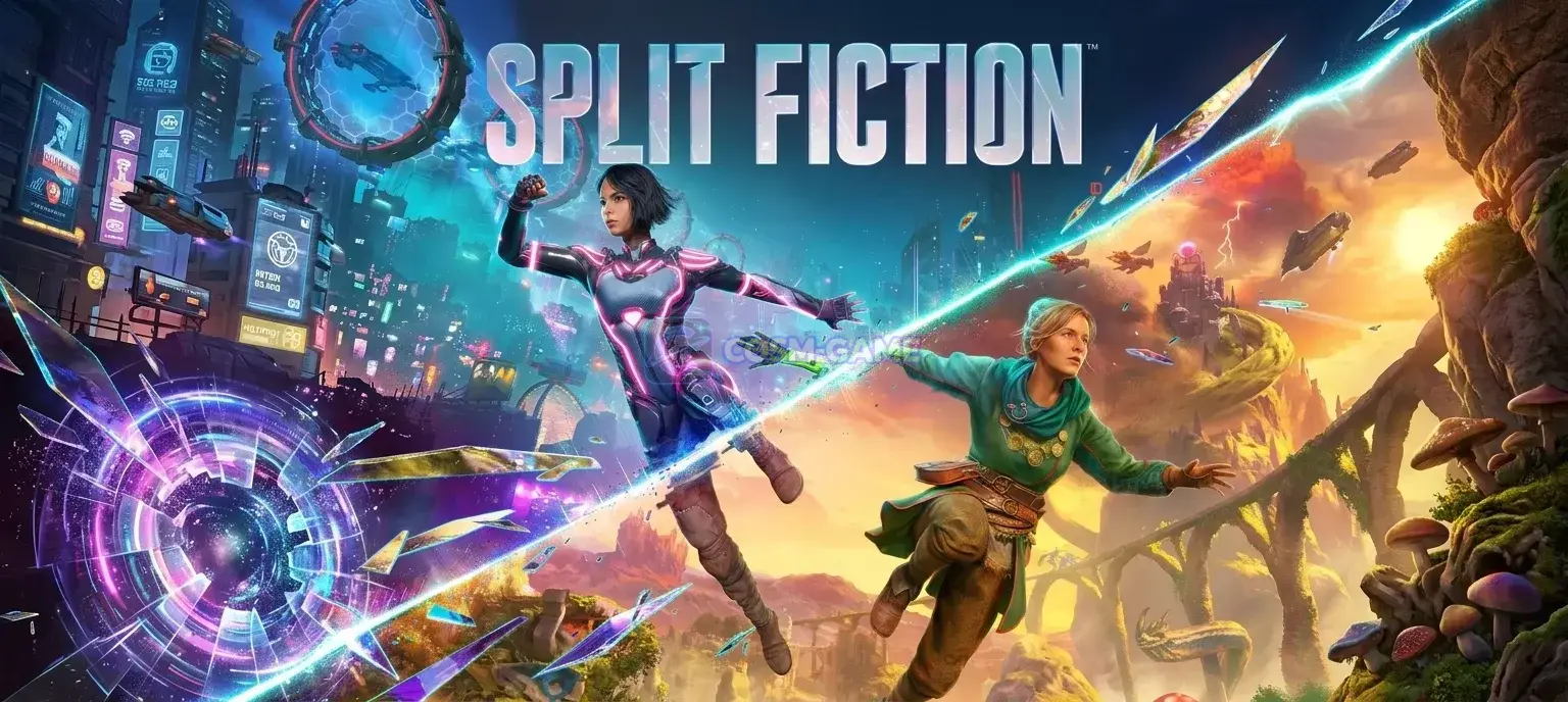 Mio and Zoe leap between a neon science-fiction city and a bright fantasy world in Split Fiction