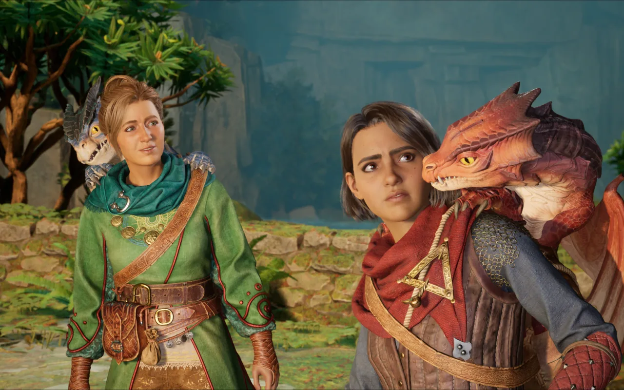 Split Fiction official Hazelight screenshot with Mio and Zoe beside a dragon