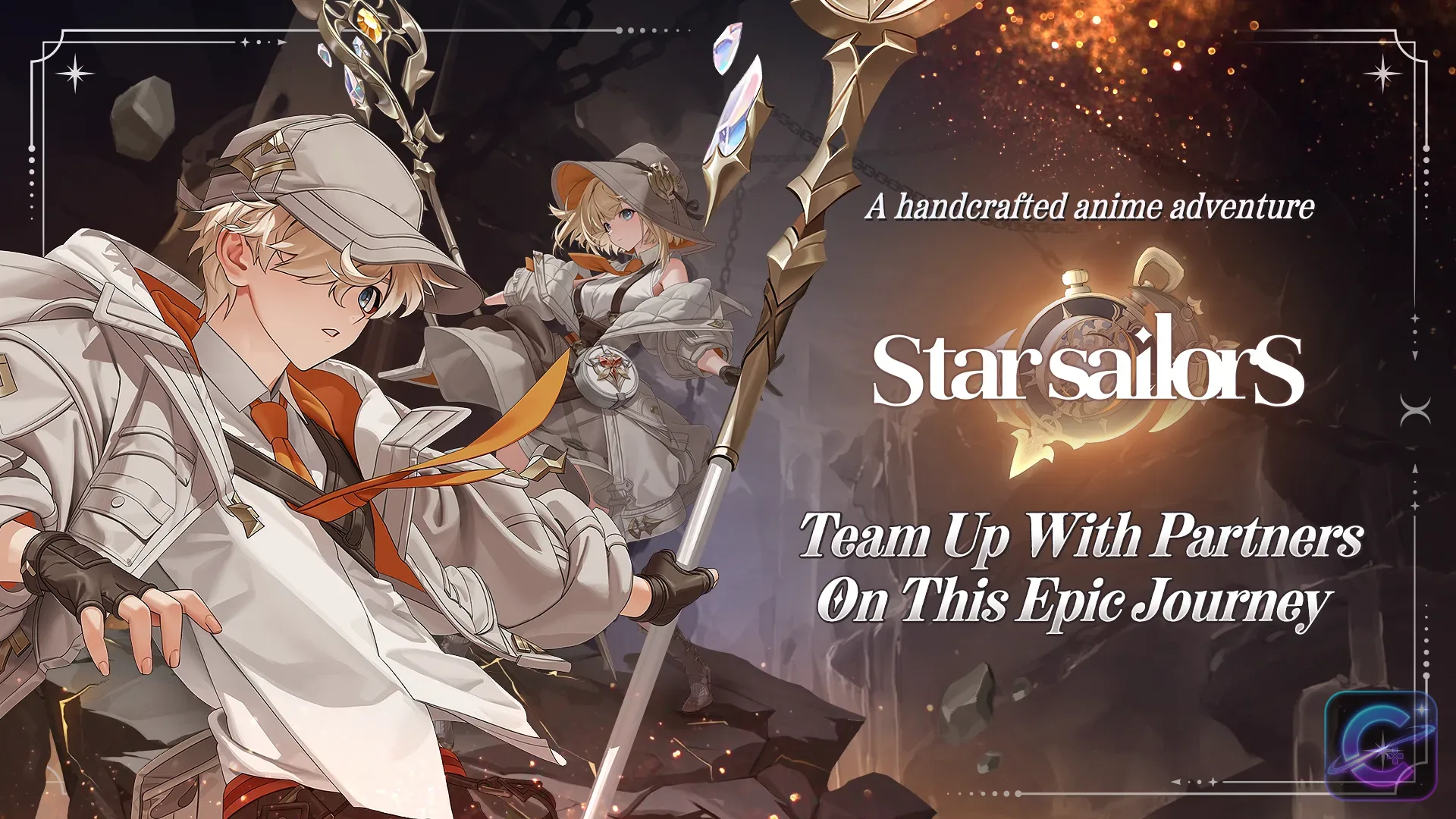 Two white-clad adventurers stand together with staffs and travel gear in a dark fantasy scene.
