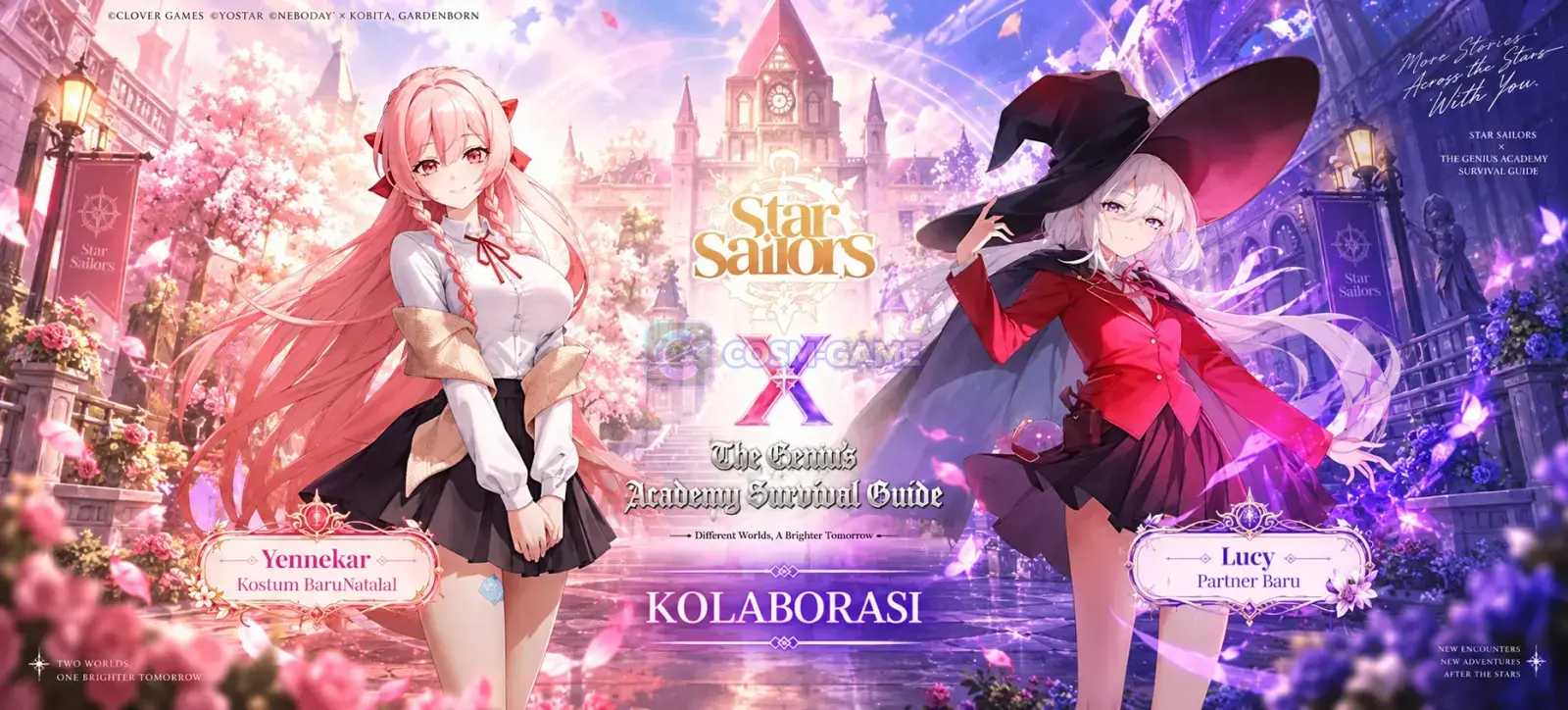 Two white-clad adventurers stand together with staffs and travel gear in a dark fantasy scene.
