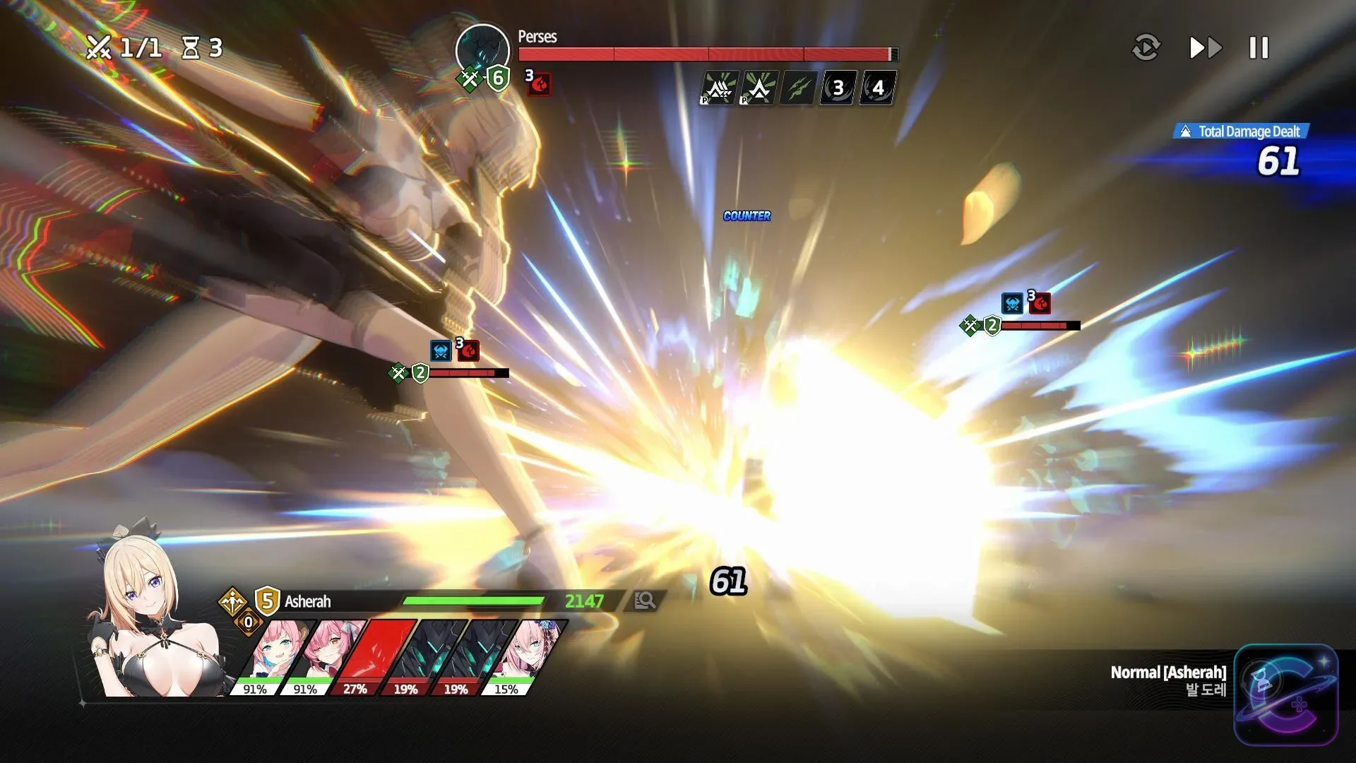 Asherah counters an enemy during a StarSavior turn-based battle.