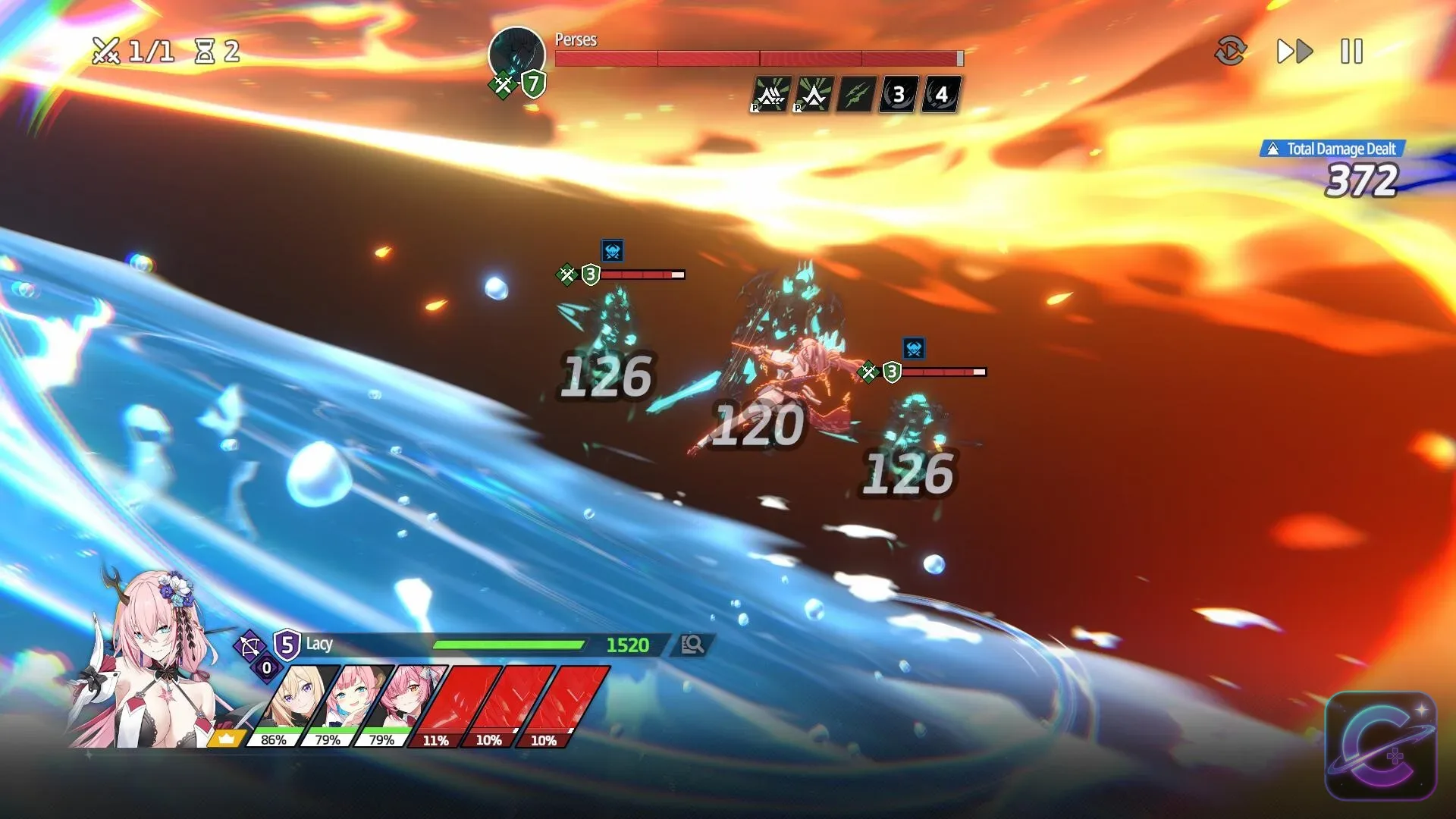 A StarSavior skill sends bright elemental effects across a turn-based battle.