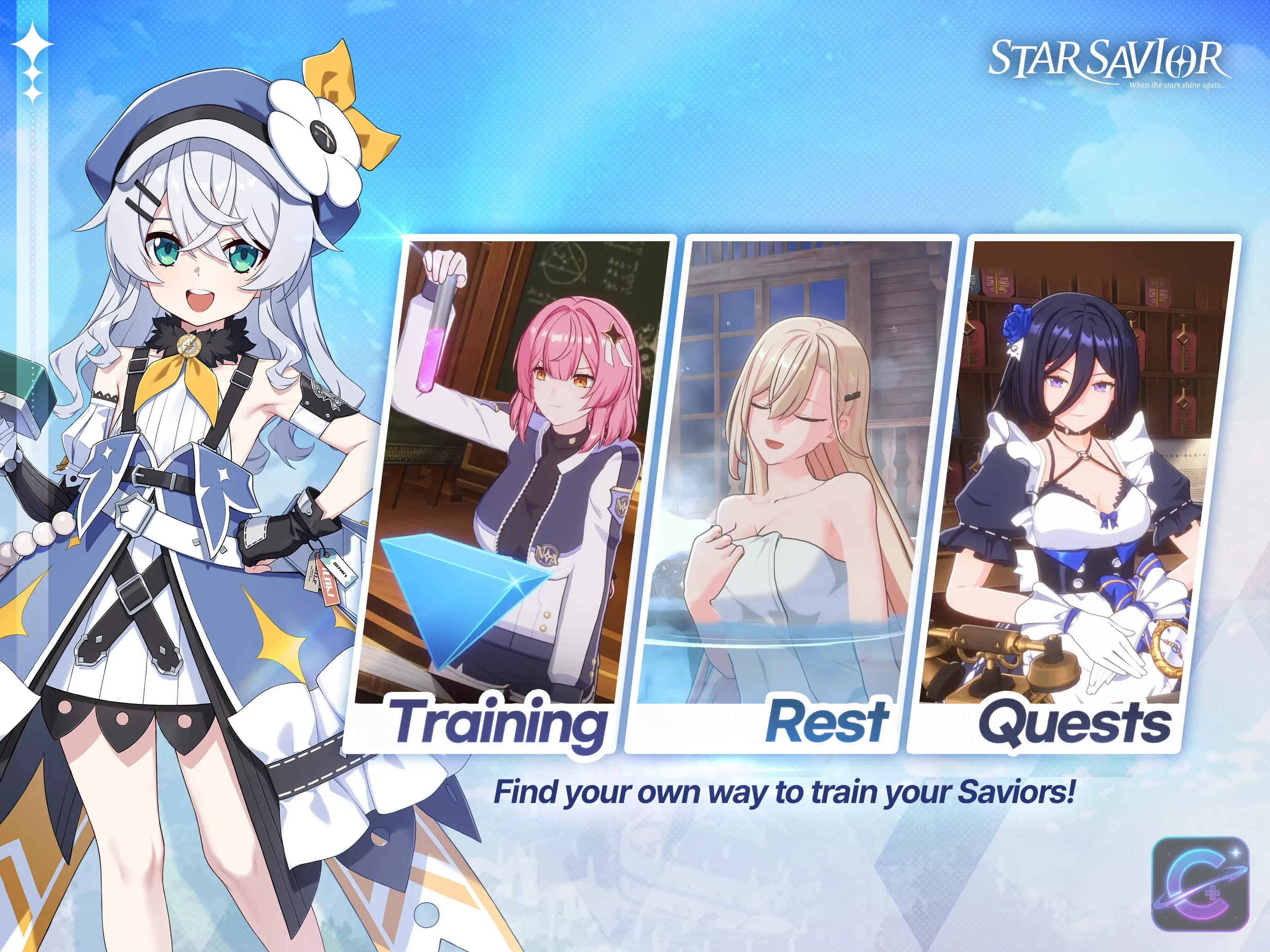 A StarSavior mobile scene presents characters within the game's turn-based RPG interface.