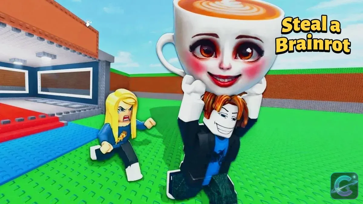 A Roblox avatar carries a giant coffee cup Brainrot across the bright green Steal a Brainrot map.
