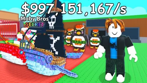 A Roblox avatar stands beside Moby Bros Brainrots and a decorated vehicle in Steal a Brainrot